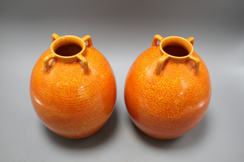 A pair of Royal Lancastrian speckle orange glazed vases, impressed 3134, height 22cm